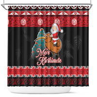 New Zealand Christmas Shower Curtain Funny Santa Riding Kiwi Meri Kirihimete LT05 Black - Polynesian Pride