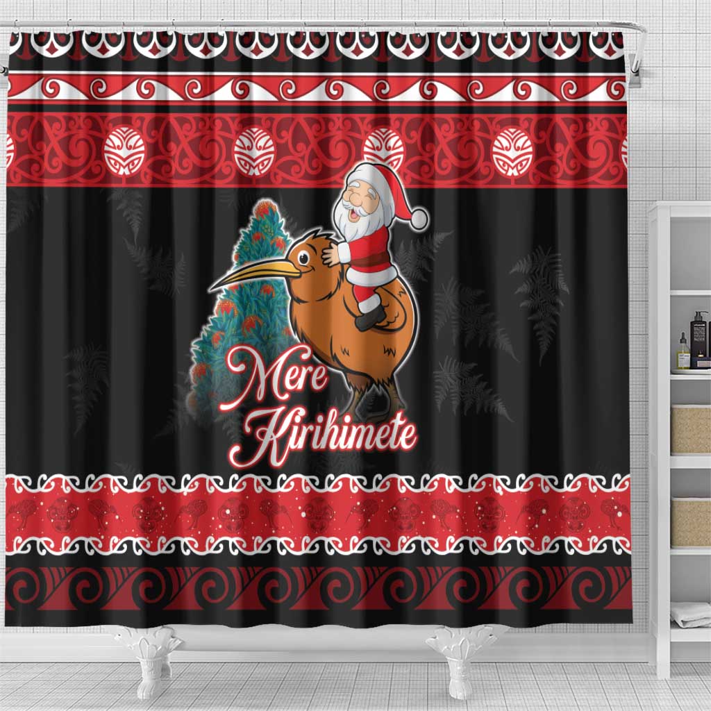 New Zealand Christmas Shower Curtain Funny Santa Riding Kiwi Meri Kirihimete LT05 - Polynesian Pride