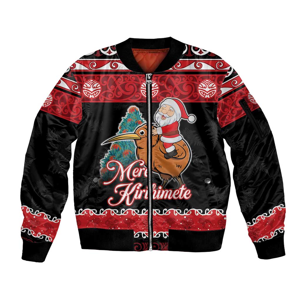 New Zealand Christmas Sleeve Zip Bomber Jacket Funny Santa Riding Kiwi Meri Kirihimete LT05 Unisex Black - Polynesian Pride