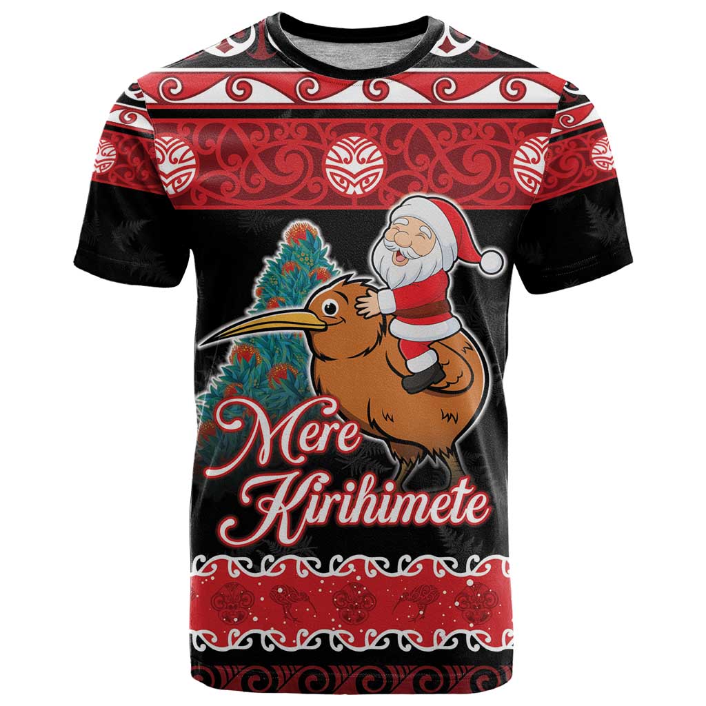 New Zealand Christmas T Shirt Funny Santa Riding Kiwi Meri Kirihimete LT05 Black - Polynesian Pride