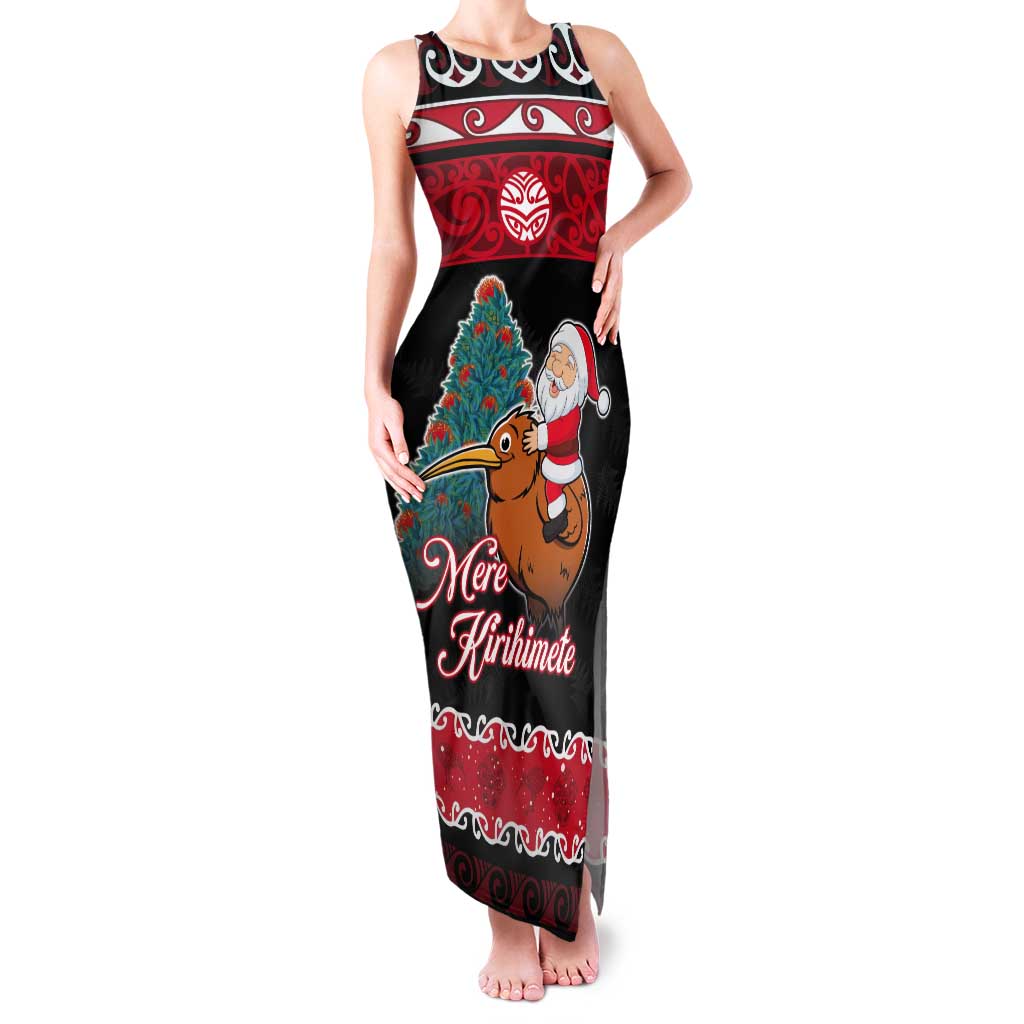 New Zealand Christmas Tank Maxi Dress Funny Santa Riding Kiwi Meri Kirihimete LT05 Women Black - Polynesian Pride