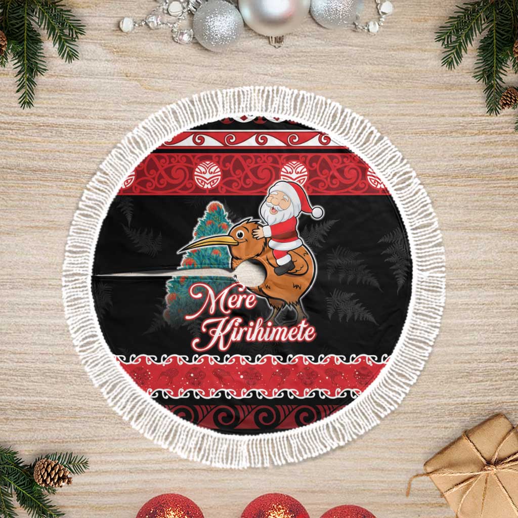 New Zealand Christmas Tree Skirt Funny Santa Riding Kiwi Meri Kirihimete LT05 Fringed Black - Polynesian Pride