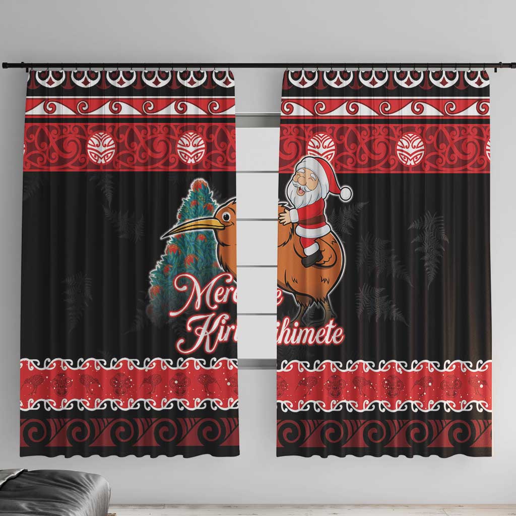 New Zealand Christmas Window Curtain Funny Santa Riding Kiwi Meri Kirihimete LT05 With Hooks Black - Polynesian Pride