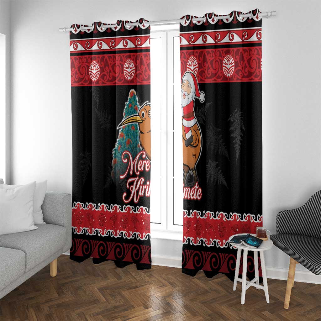 New Zealand Christmas Window Curtain Funny Santa Riding Kiwi Meri Kirihimete LT05 With Grommets Black - Polynesian Pride
