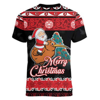 New Zealand Christmas Women V-Neck T-Shirt Funny Santa Riding Kiwi Meri Kirihimete LT05 - Polynesian Pride