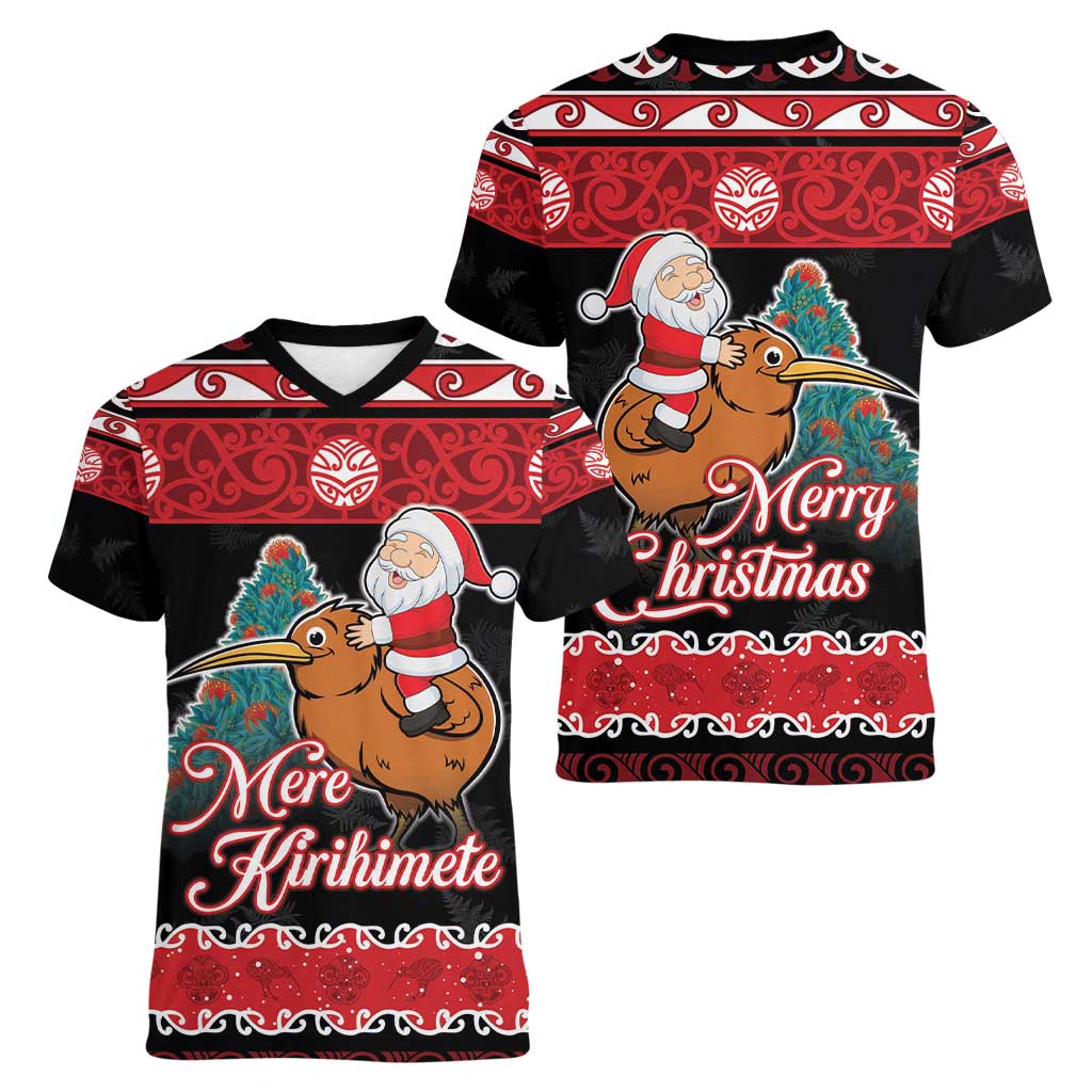 New Zealand Christmas Women V-Neck T-Shirt Funny Santa Riding Kiwi Meri Kirihimete LT05 - Polynesian Pride