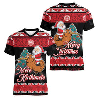 New Zealand Christmas Women V-Neck T-Shirt Funny Santa Riding Kiwi Meri Kirihimete LT05 - Polynesian Pride