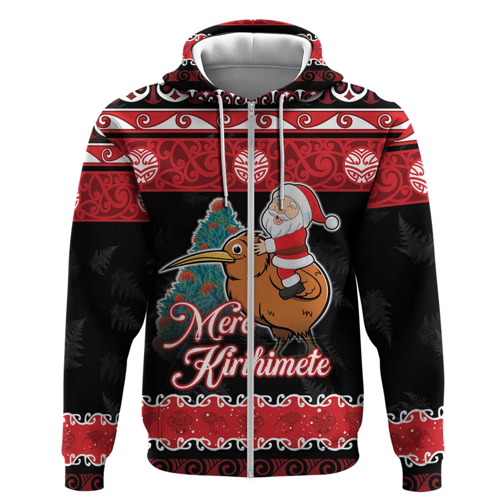 New Zealand Christmas Zip Hoodie Funny Santa Riding Kiwi Meri Kirihimete LT05 Zip Hoodie Black - Polynesian Pride