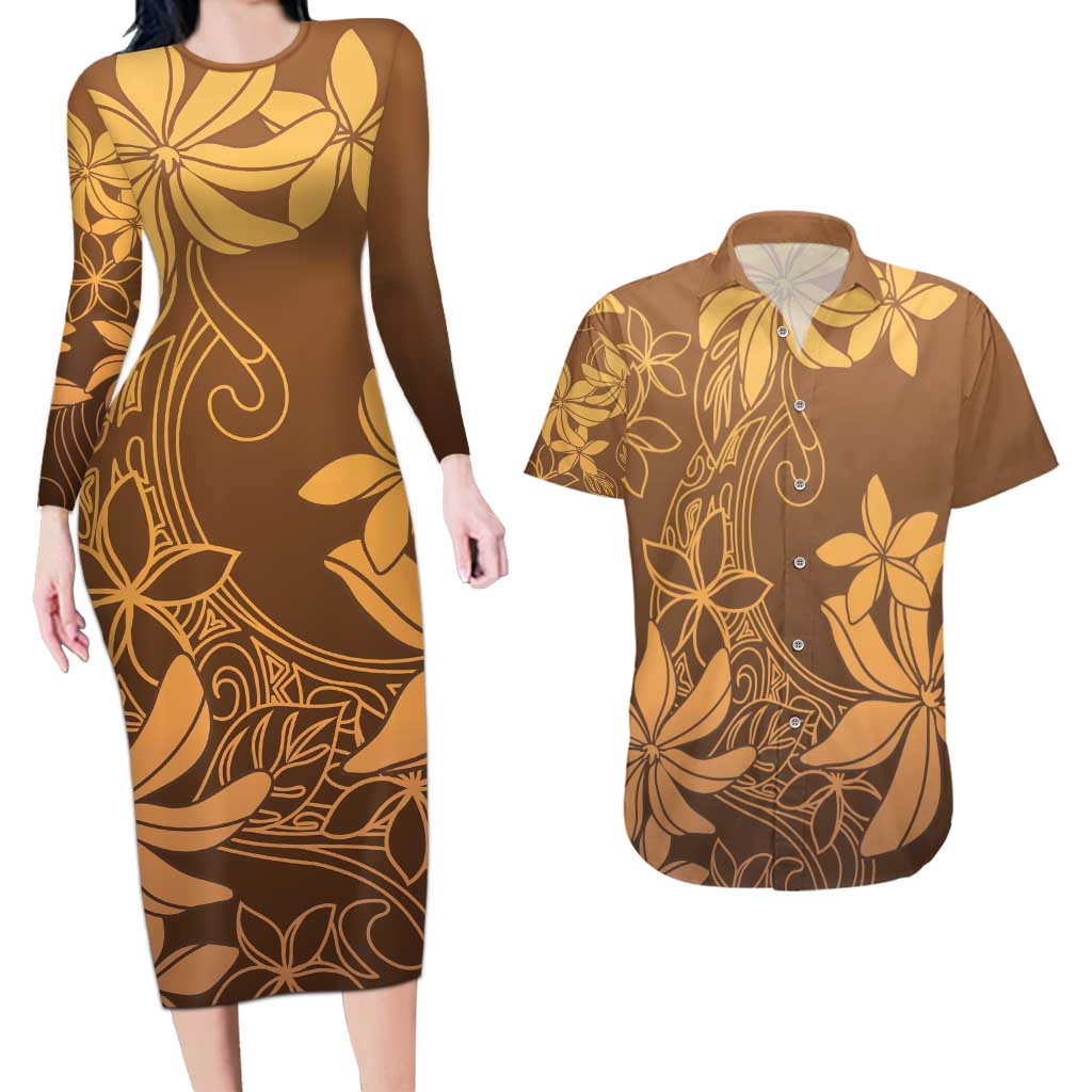Tiare Tahiti Couples Matching Long Sleeve Bodycon Dress and Hawaiian Shirt Brown Polynesia Motifs LT05 Brown - Polynesian Pride