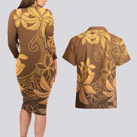 Tiare Tahiti Couples Matching Long Sleeve Bodycon Dress and Hawaiian Shirt Brown Polynesia Motifs LT05 - Polynesian Pride