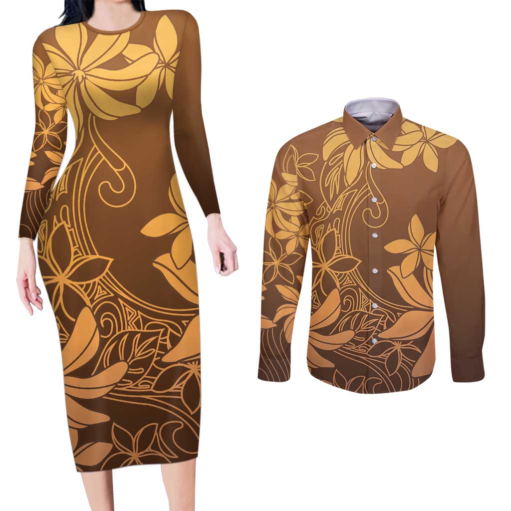 Tiare Tahiti Couples Matching Long Sleeve Bodycon Dress and Long Sleeve Button Shirt Brown Polynesia Motifs LT05 Brown - Polynesian Pride