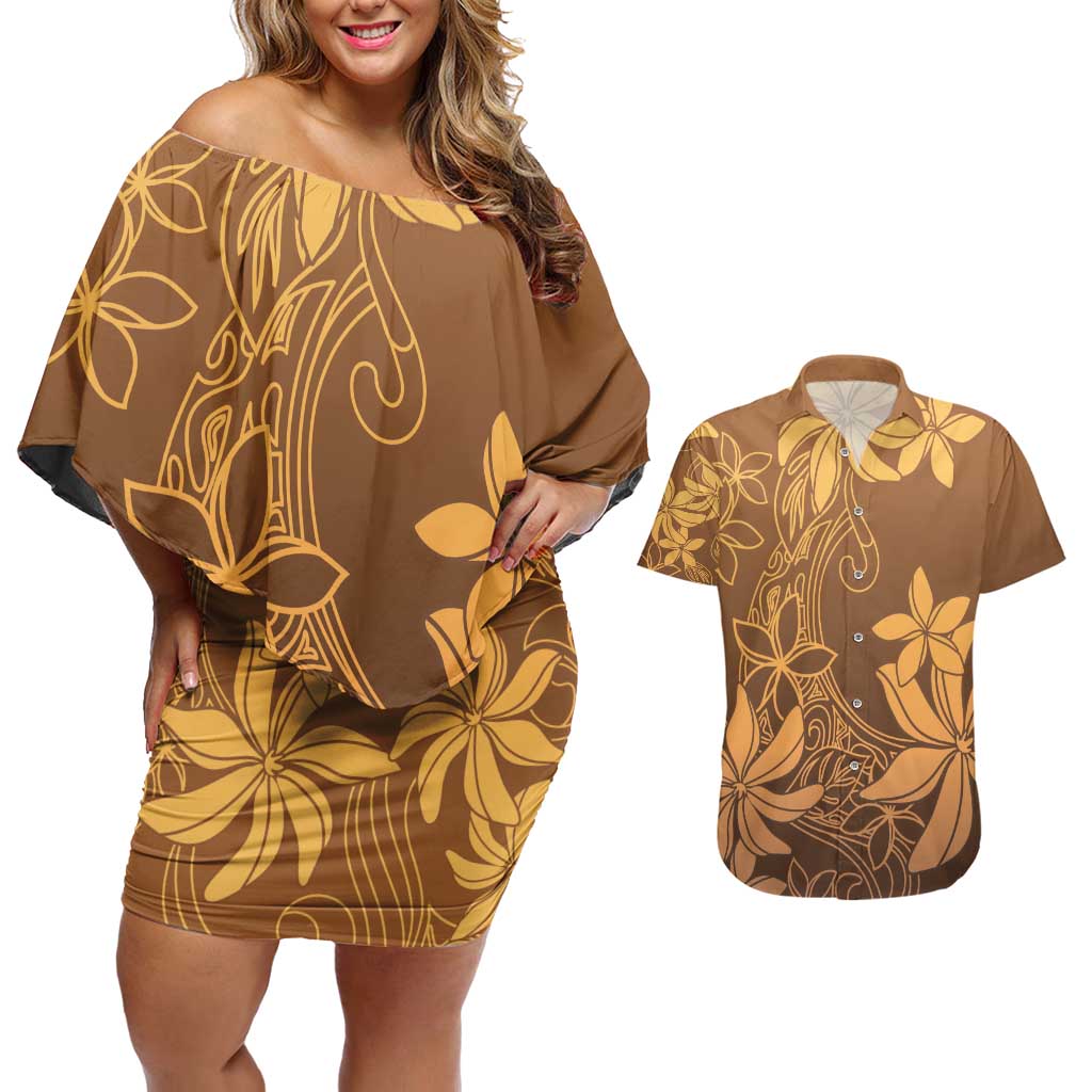 Tiare Tahiti Couples Matching Off Shoulder Short Dress and Hawaiian Shirt Brown Polynesia Motifs LT05 Brown - Polynesian Pride