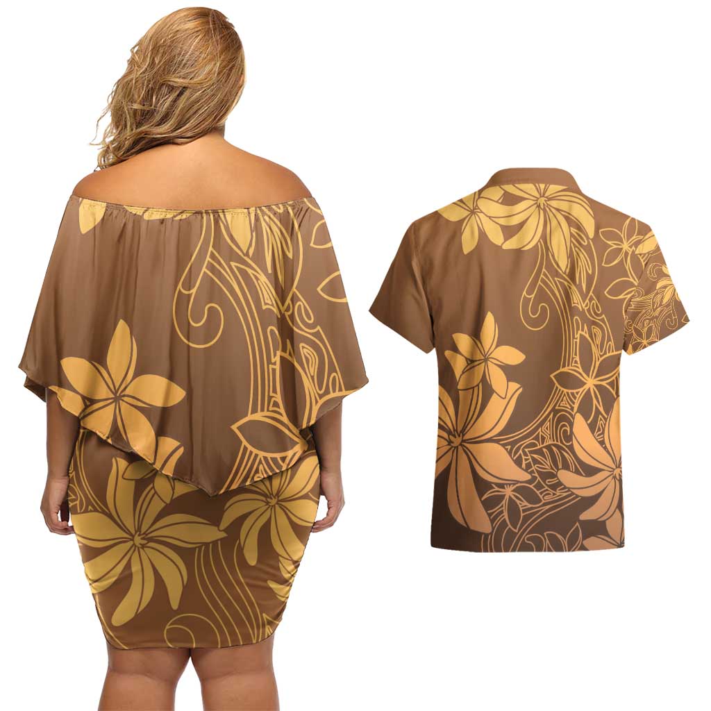 Tiare Tahiti Couples Matching Off Shoulder Short Dress and Hawaiian Shirt Brown Polynesia Motifs LT05 - Polynesian Pride