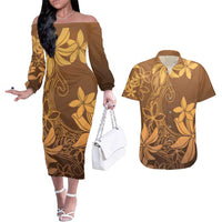 Tiare Tahiti Couples Matching Off The Shoulder Long Sleeve Dress and Hawaiian Shirt Brown Polynesia Motifs LT05 Brown - Polynesian Pride