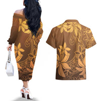 Tiare Tahiti Couples Matching Off The Shoulder Long Sleeve Dress and Hawaiian Shirt Brown Polynesia Motifs LT05 - Polynesian Pride