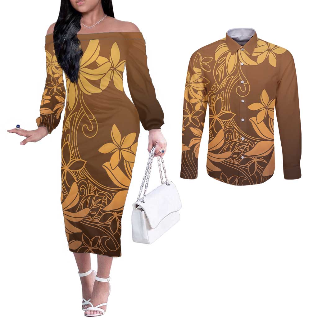 Tiare Tahiti Couples Matching Off The Shoulder Long Sleeve Dress and Long Sleeve Button Shirt Brown Polynesia Motifs LT05 Brown - Polynesian Pride