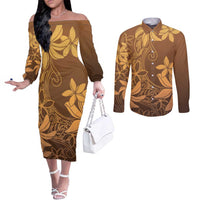 Tiare Tahiti Couples Matching Off The Shoulder Long Sleeve Dress and Long Sleeve Button Shirt Brown Polynesia Motifs LT05 Brown - Polynesian Pride