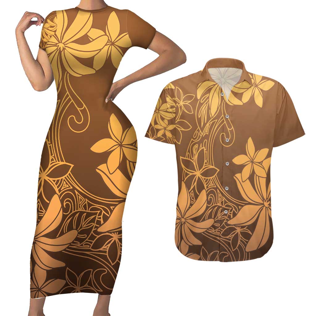 Tiare Tahiti Couples Matching Short Sleeve Bodycon Dress and Hawaiian Shirt Brown Polynesia Motifs LT05 Brown - Polynesian Pride