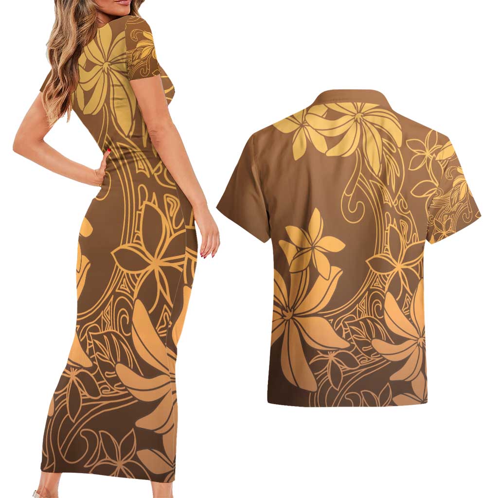 Tiare Tahiti Couples Matching Short Sleeve Bodycon Dress and Hawaiian Shirt Brown Polynesia Motifs LT05 - Polynesian Pride