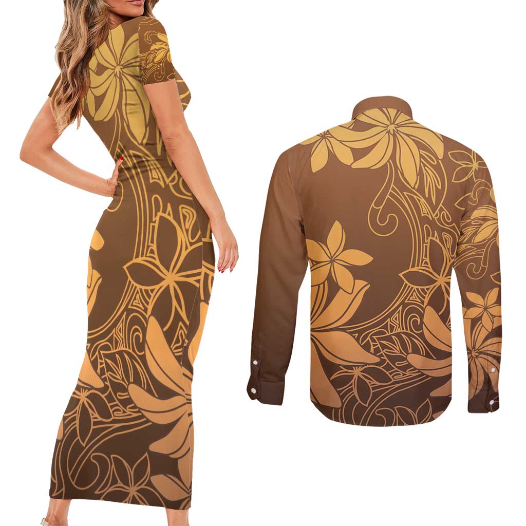 Tiare Tahiti Couples Matching Short Sleeve Bodycon Dress and Long Sleeve Button Shirt Brown Polynesia Motifs LT05 - Polynesian Pride