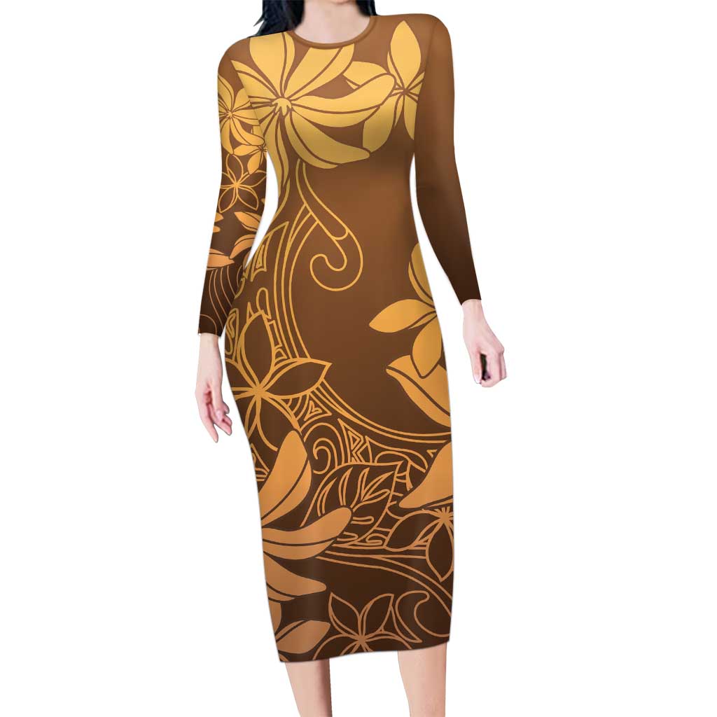 Tiare Tahiti Family Matching Long Sleeve Bodycon Dress and Hawaiian Shirt Brown Polynesia Motifs LT05 Mom's Dress Brown - Polynesian Pride