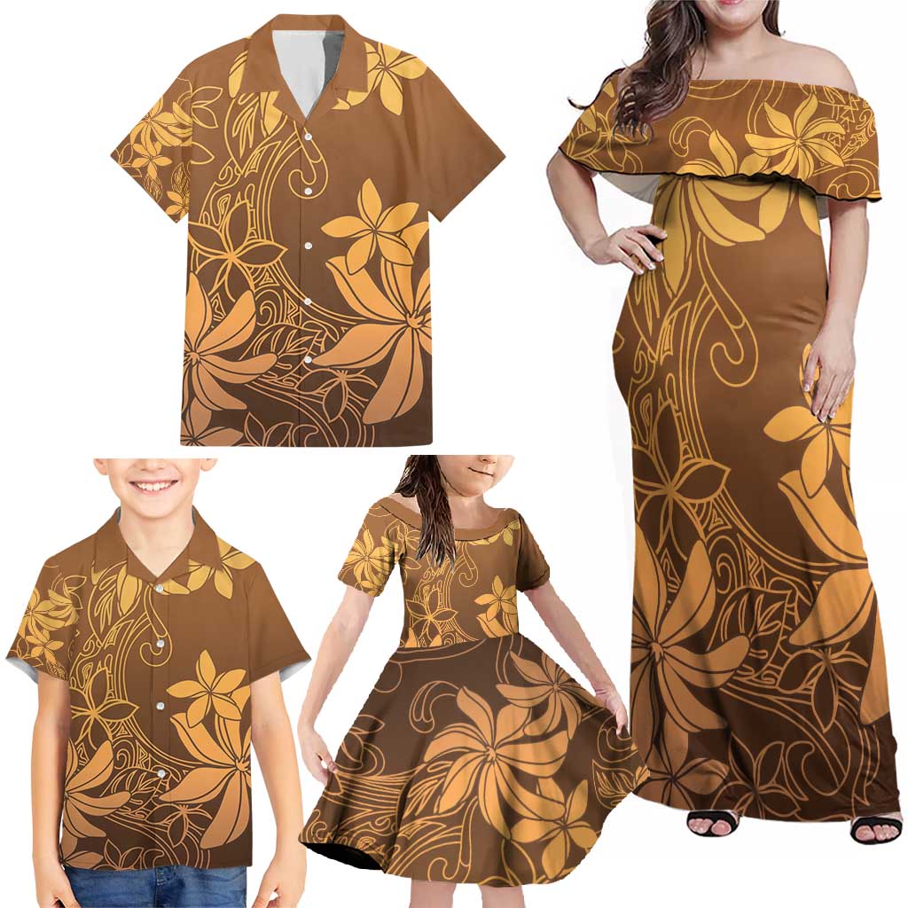 Tiare Tahiti Family Matching Off Shoulder Maxi Dress and Hawaiian Shirt Brown Polynesia Motifs LT05 - Polynesian Pride