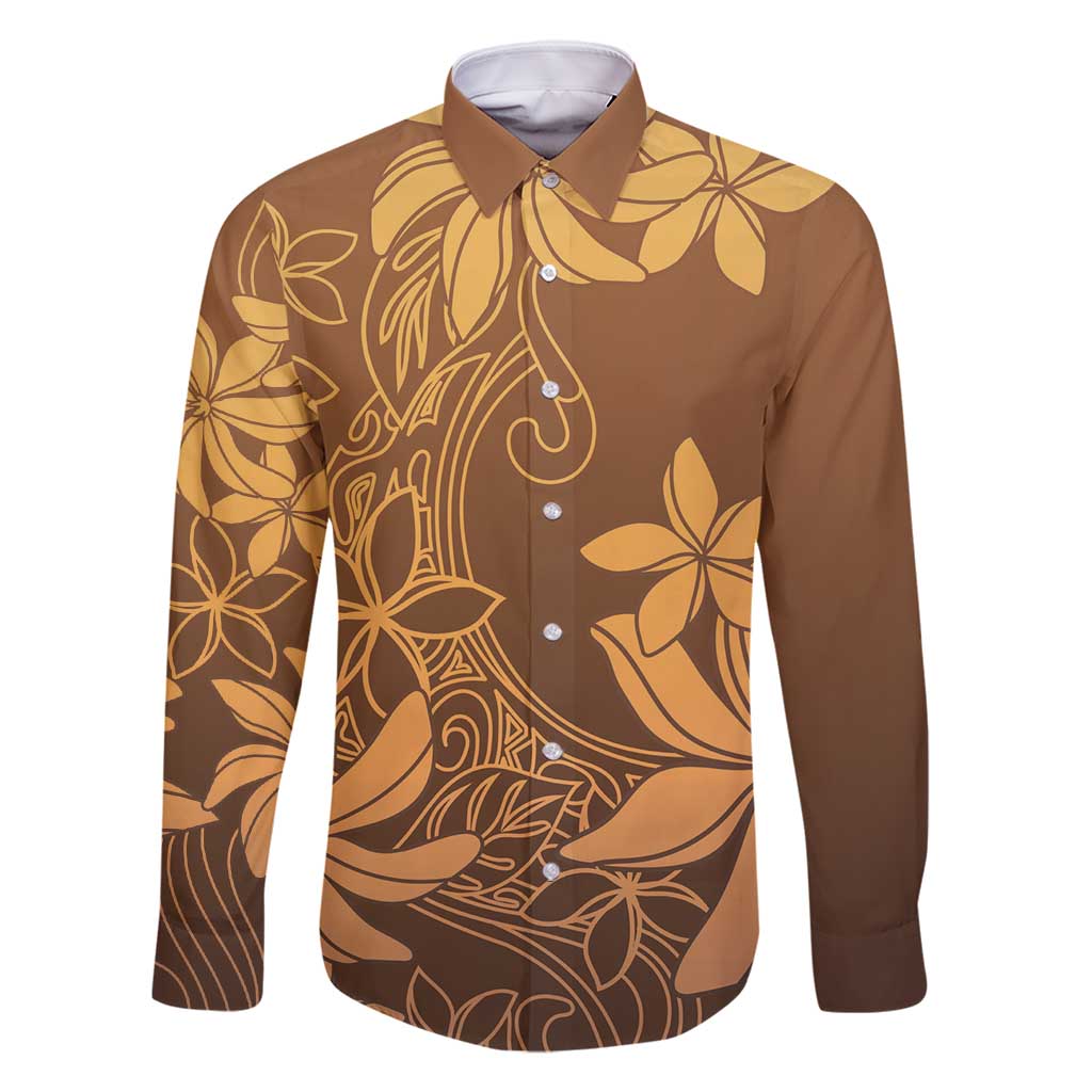 Tiare Tahiti Family Matching Off Shoulder Maxi Dress and Hawaiian Shirt Brown Polynesia Motifs LT05 Dad's Shirt - Long Sleeve Brown - Polynesian Pride