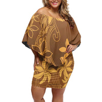 Tiare Tahiti Family Matching Off Shoulder Short Dress and Hawaiian Shirt Brown Polynesia Motifs LT05 Mom's Dress Brown - Polynesian Pride
