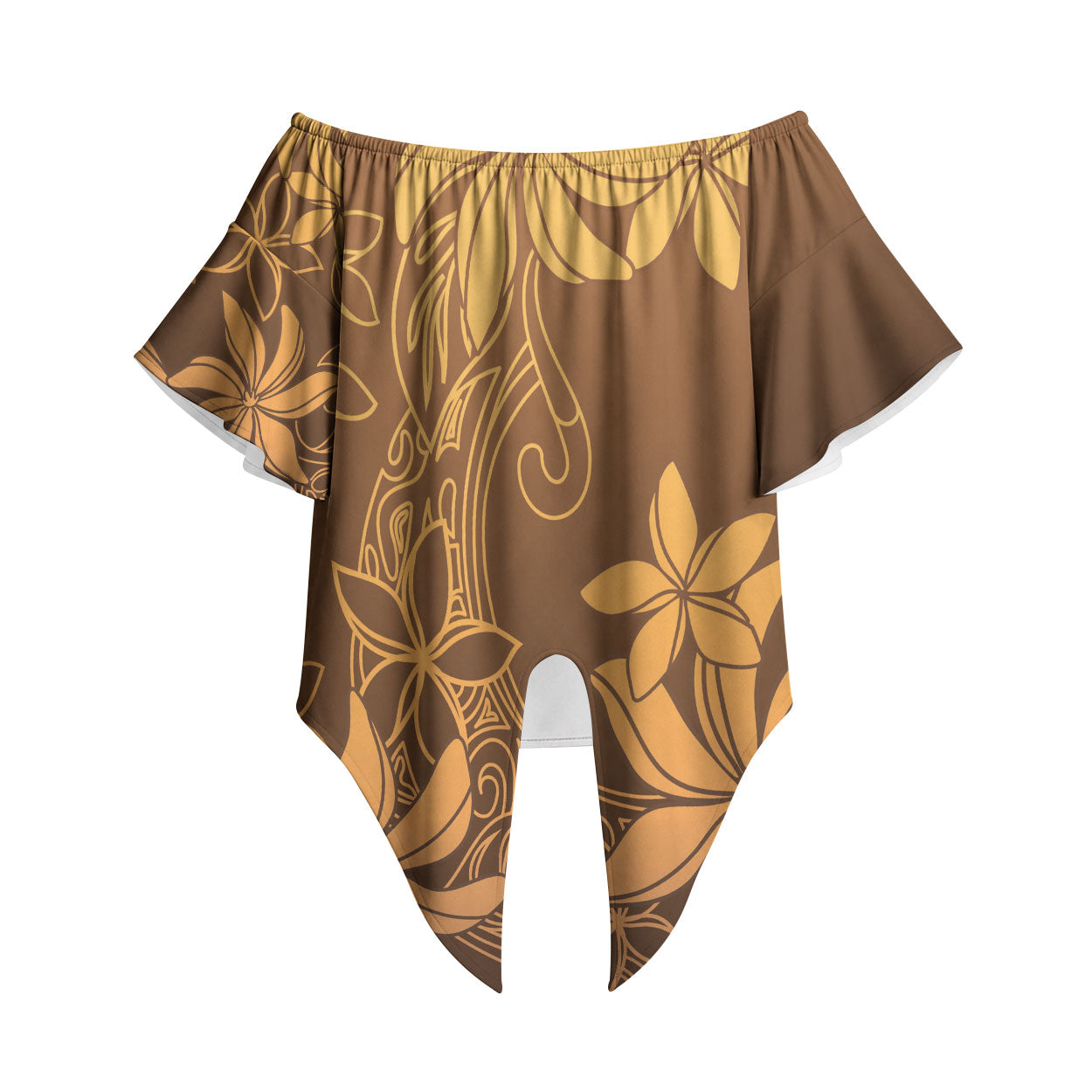 Tiare Tahiti Off Shoulder Wrap Waist Top Brown Polynesia Motifs LT05 Brown - Polynesian Pride