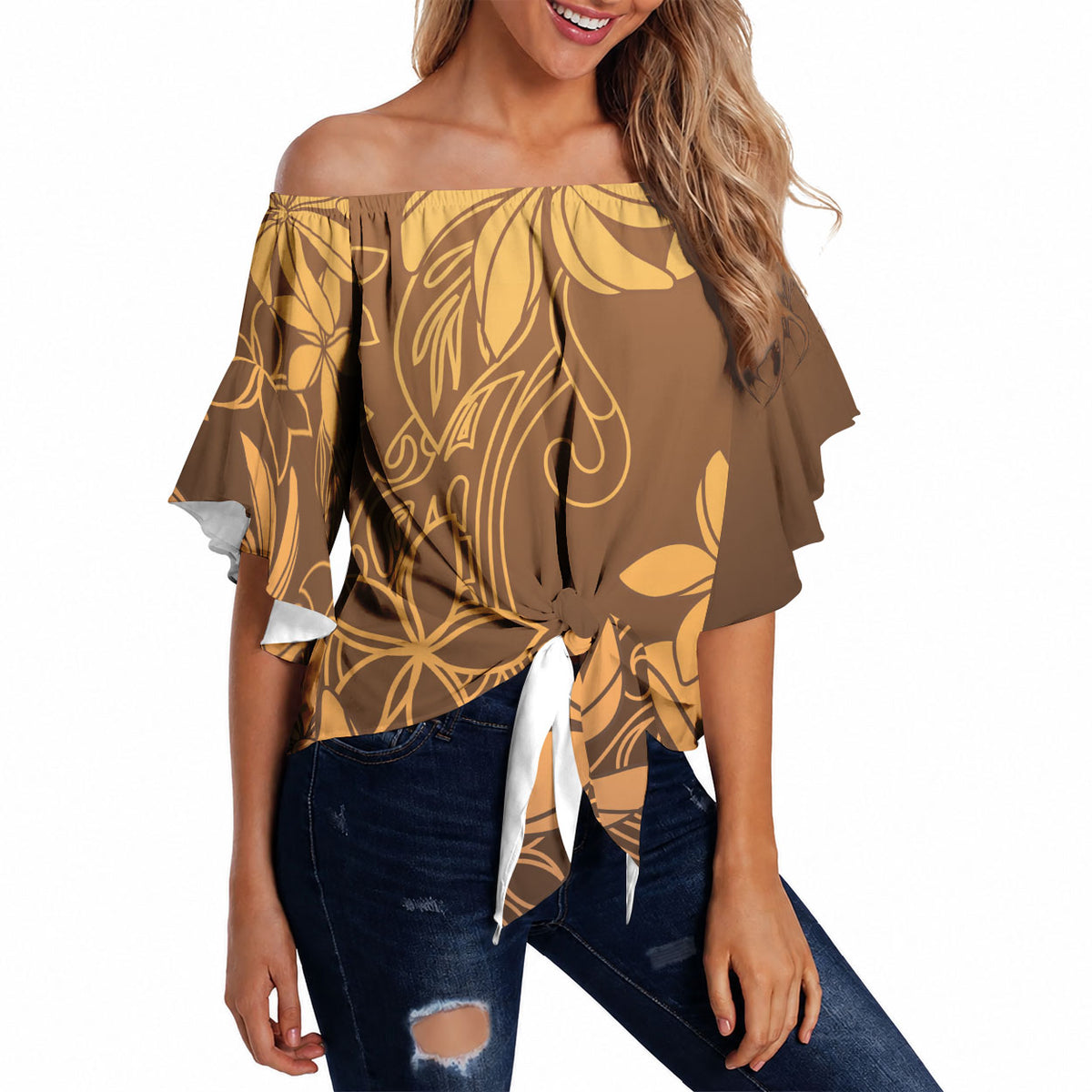 Tiare Tahiti Off Shoulder Wrap Waist Top Brown Polynesia Motifs LT05 - Polynesian Pride
