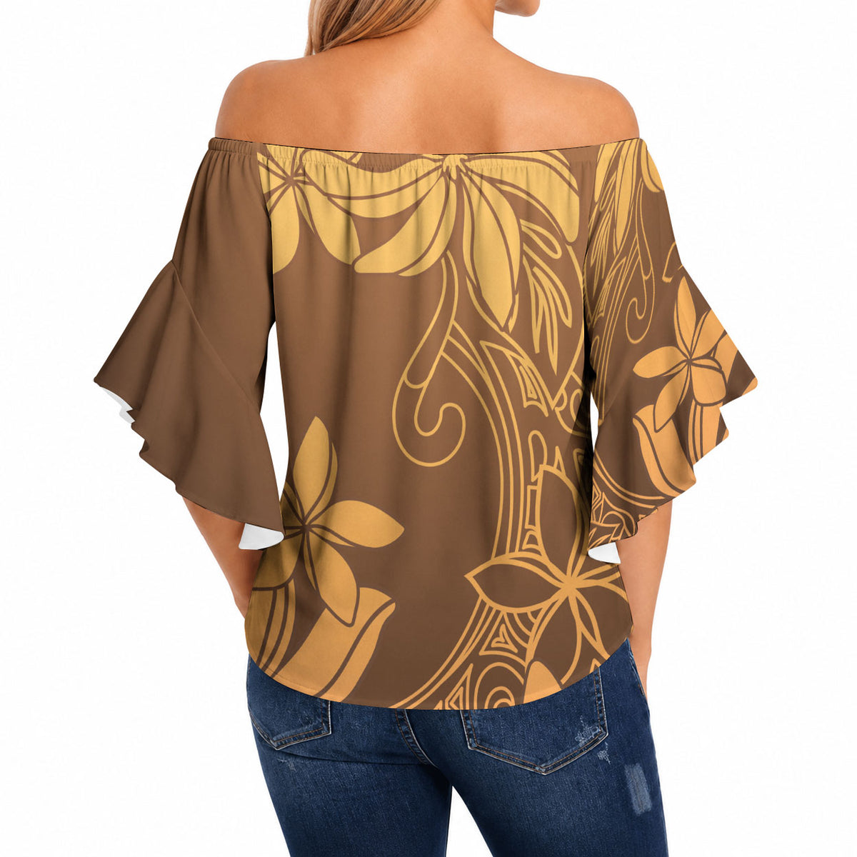 Tiare Tahiti Off Shoulder Wrap Waist Top Brown Polynesia Motifs LT05 - Polynesian Pride
