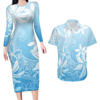 Tiare Tahiti Couples Matching Long Sleeve Bodycon Dress and Hawaiian Shirt Blue Polynesia Motifs LT05 Blue - Polynesian Pride
