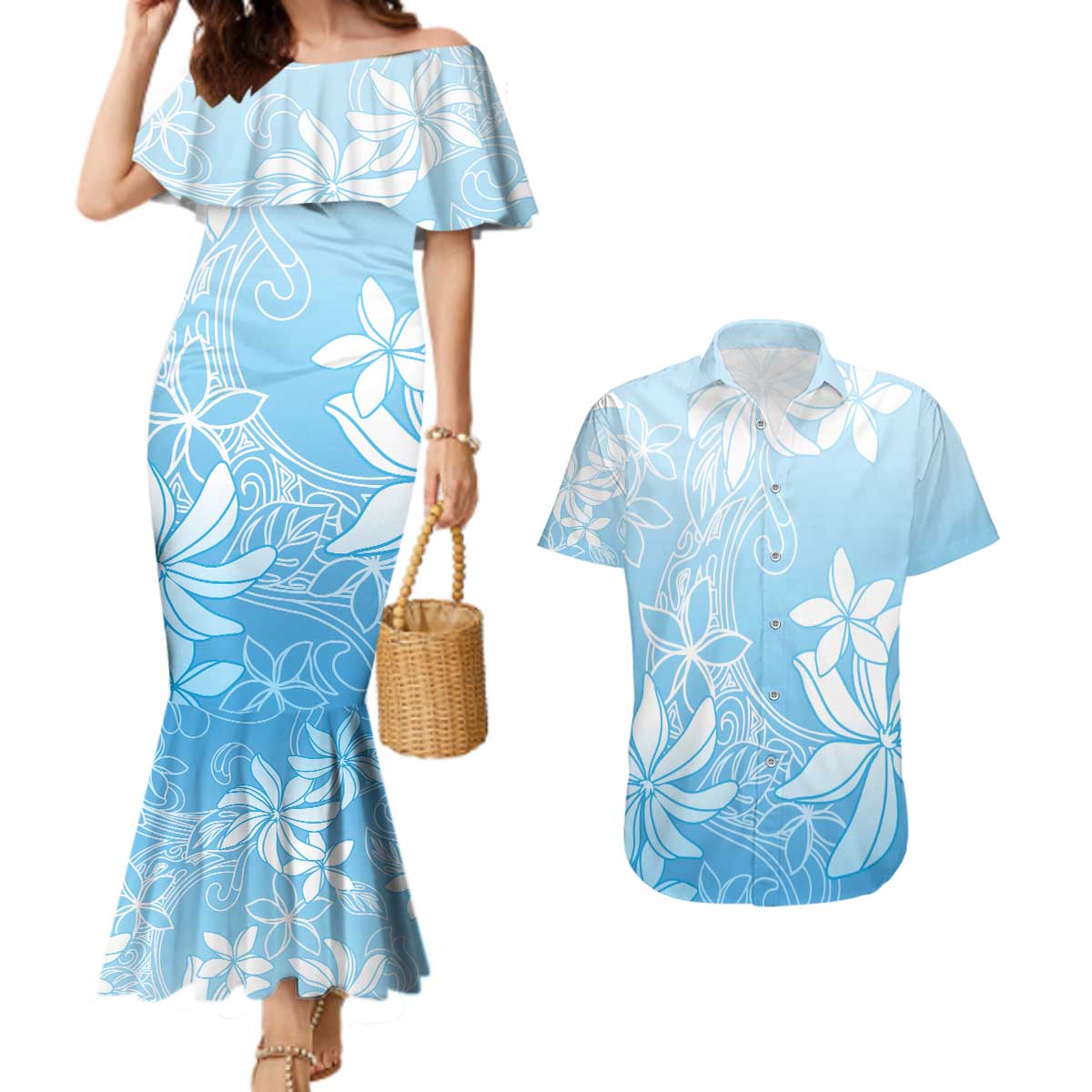 Tiare Tahiti Couples Matching Mermaid Dress and Hawaiian Shirt Blue Polynesia Motifs LT05 Blue - Polynesian Pride