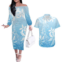 Tiare Tahiti Couples Matching Off The Shoulder Long Sleeve Dress and Hawaiian Shirt Blue Polynesia Motifs LT05 Blue - Polynesian Pride