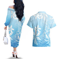 Tiare Tahiti Couples Matching Off The Shoulder Long Sleeve Dress and Hawaiian Shirt Blue Polynesia Motifs LT05 - Polynesian Pride