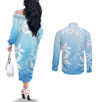 Tiare Tahiti Couples Matching Off The Shoulder Long Sleeve Dress and Long Sleeve Button Shirt Blue Polynesia Motifs LT05 - Polynesian Pride