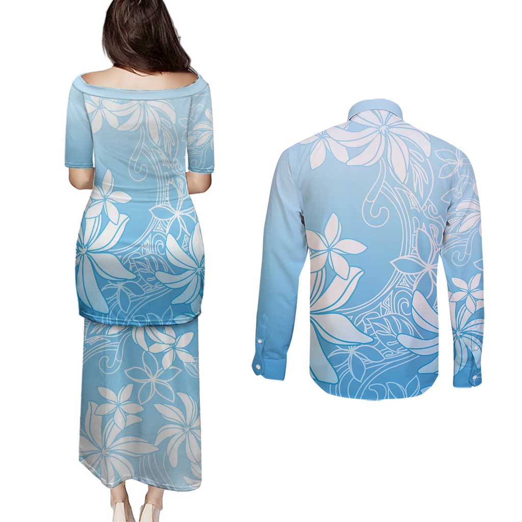Tiare Tahiti Couples Matching Puletasi and Long Sleeve Button Shirt Blue Polynesia Motifs - Polynesian Pride