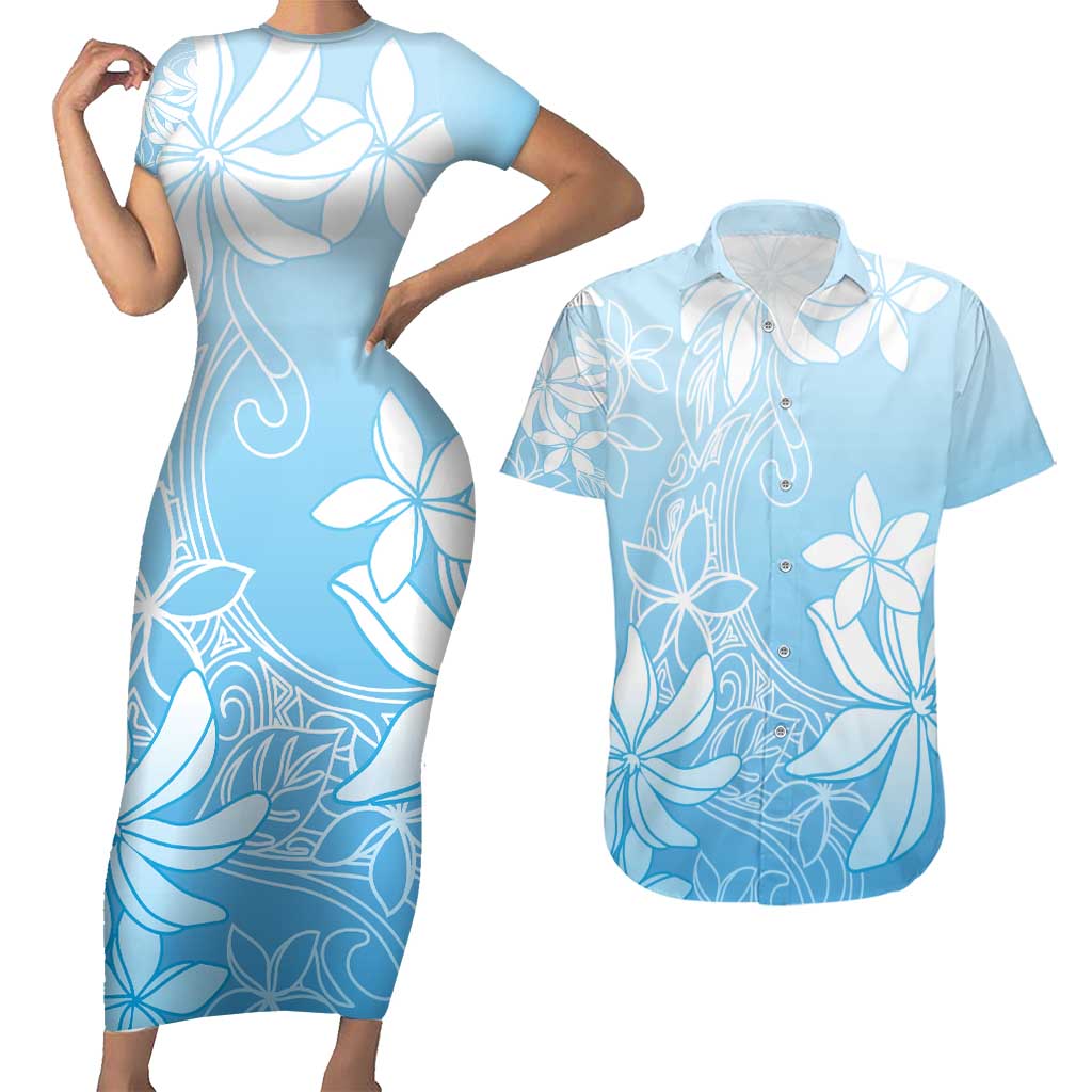 Tiare Tahiti Couples Matching Short Sleeve Bodycon Dress and Hawaiian Shirt Blue Polynesia Motifs LT05 Blue - Polynesian Pride