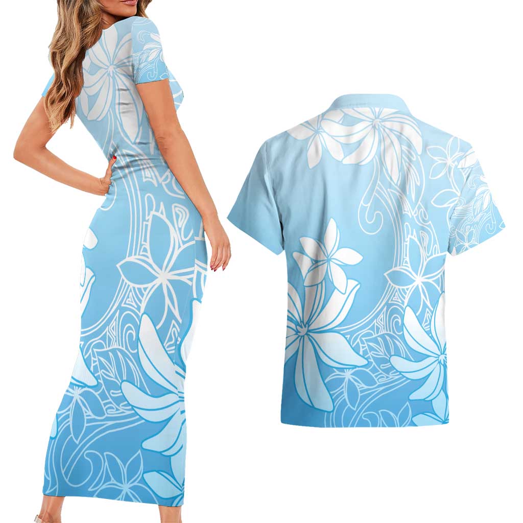 Tiare Tahiti Couples Matching Short Sleeve Bodycon Dress and Hawaiian Shirt Blue Polynesia Motifs LT05 - Polynesian Pride