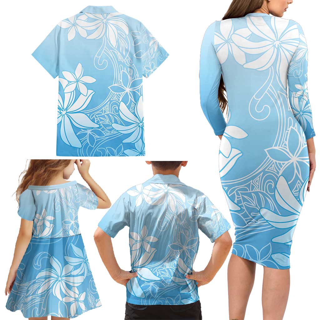 Tiare Tahiti Family Matching Long Sleeve Bodycon Dress and Hawaiian Shirt Blue Polynesia Motifs LT05 - Polynesian Pride