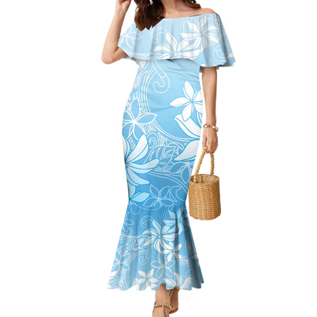 Tiare Tahiti Family Matching Mermaid Dress and Hawaiian Shirt Blue Polynesia Motifs LT05 Mom's Dress Blue - Polynesian Pride