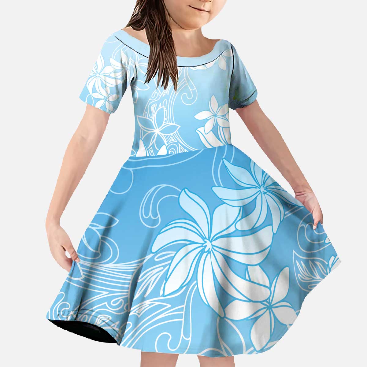 Tiare Tahiti Family Matching Off The Shoulder Long Sleeve Dress and Hawaiian Shirt Blue Polynesia Motifs LT05 Daughter's Dress Blue - Polynesian Pride