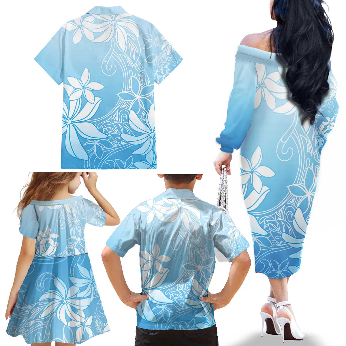 Tiare Tahiti Family Matching Off The Shoulder Long Sleeve Dress and Hawaiian Shirt Blue Polynesia Motifs LT05 - Polynesian Pride