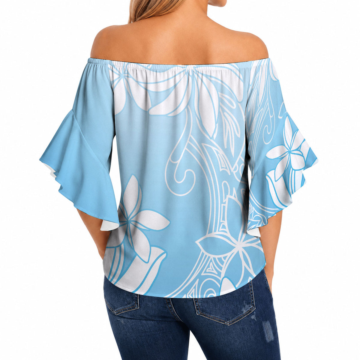 Tiare Tahiti Off Shoulder Wrap Waist Top Blue Polynesia Motifs LT05 - Polynesian Pride