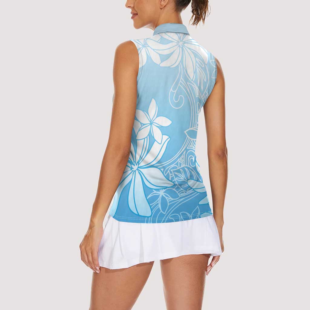 Tiare Tahiti Women Sleeveless Polo Shirt Blue Polynesia Motifs LT05 - Polynesian Pride