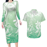 Tiare Tahiti Couples Matching Long Sleeve Bodycon Dress and Hawaiian Shirt Matcha Polynesia Motifs LT05 Green - Polynesian Pride