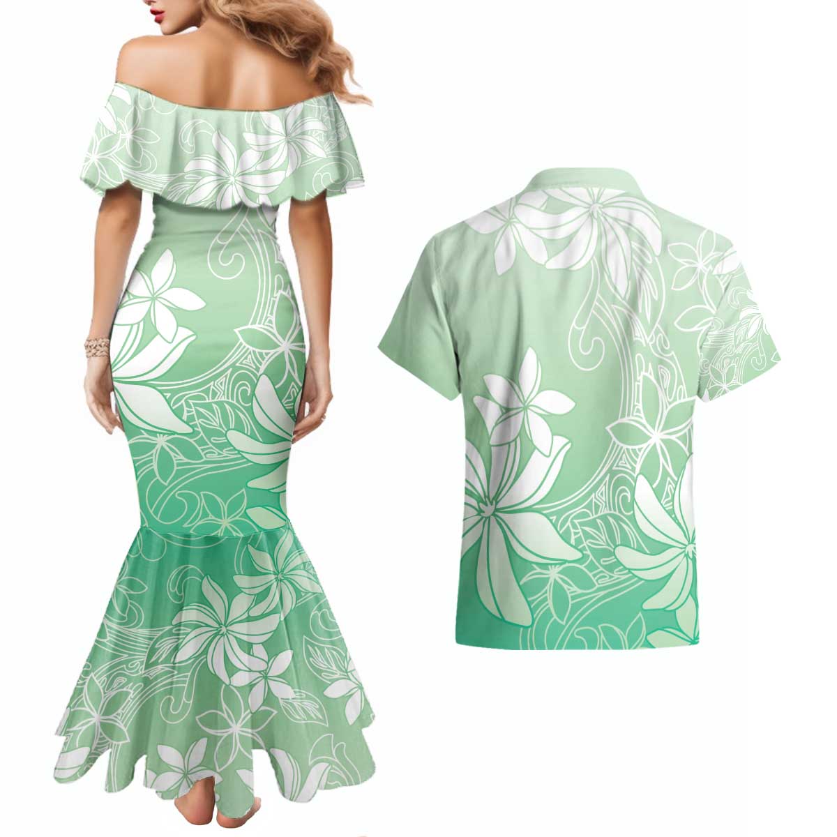 Tiare Tahiti Couples Matching Mermaid Dress and Hawaiian Shirt Matcha Polynesia Motifs LT05 - Polynesian Pride
