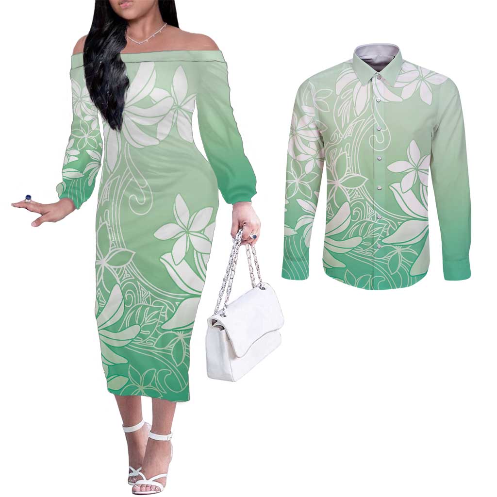 Tiare Tahiti Couples Matching Off The Shoulder Long Sleeve Dress and Long Sleeve Button Shirt Matcha Polynesia Motifs LT05 Green - Polynesian Pride
