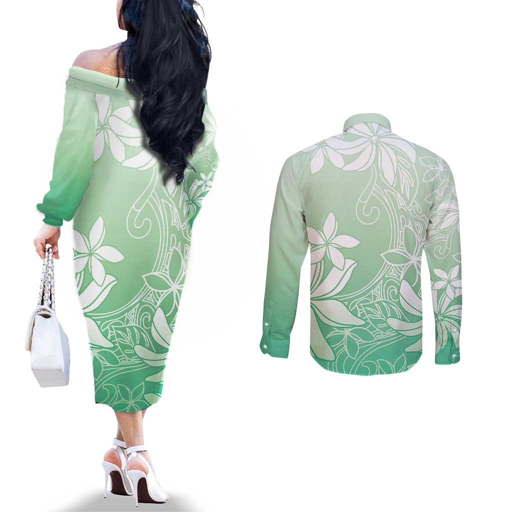Tiare Tahiti Couples Matching Off The Shoulder Long Sleeve Dress and Long Sleeve Button Shirt Matcha Polynesia Motifs LT05 - Polynesian Pride