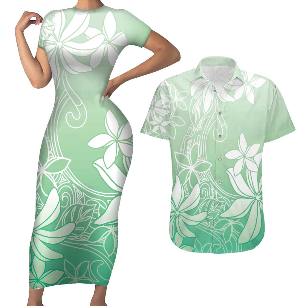 Tiare Tahiti Couples Matching Short Sleeve Bodycon Dress and Hawaiian Shirt Matcha Polynesia Motifs LT05 Green - Polynesian Pride